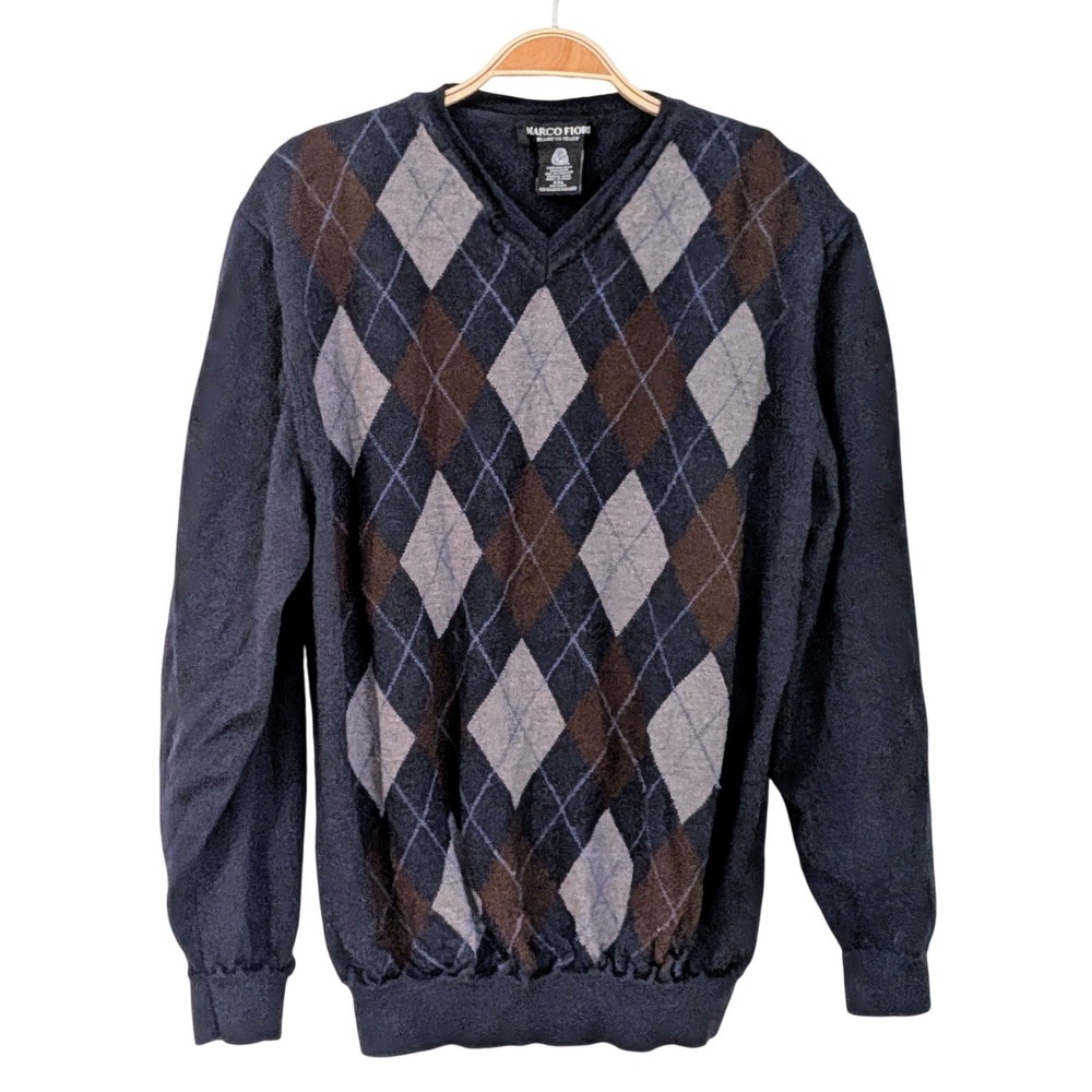 Marco Fiori Argyle‎ V Neck Sweater 100% Merino Wool Made in Italy XXL